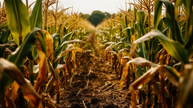 Campo di mais con percorso sterrato nel mezzo IA generativa