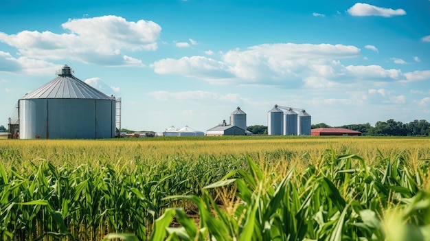 Campo di mais con silos e fattoria in lontananza