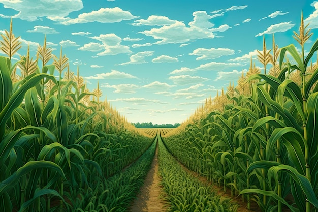 Campo di mais fotografico in una giornata limpida albero di mais in un terreno agricolo con cielo nuvoloso blu Generato dall'intelligenza artificiale