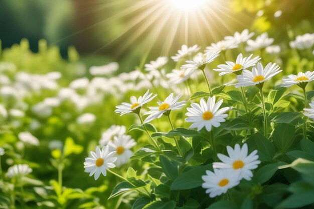 Campo di margherite bianche in fiore con un bellissimo sfondo sfocato di erba verde e foglie lussureggianti