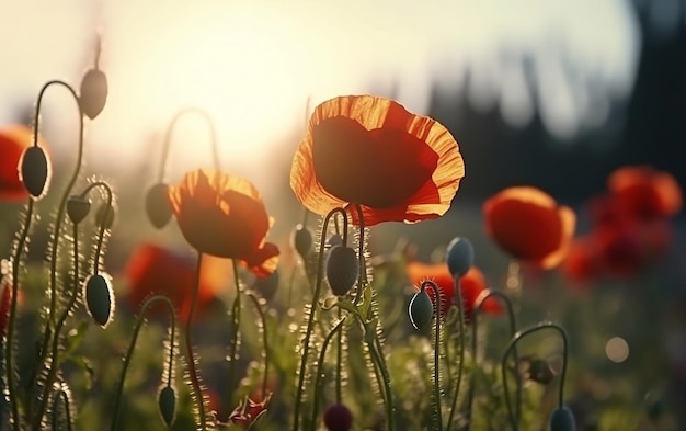 Campo di papaveri con il sole che tramonta dietro di loro