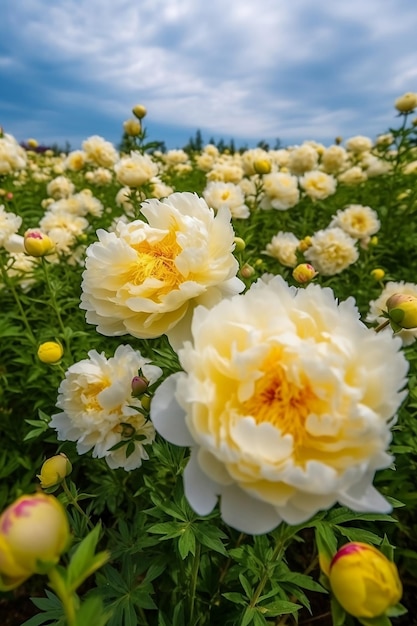 Campo di peonie in fiore da vicino