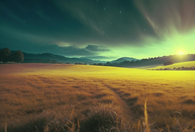 Campo di prateria con aurora boreale nel cielo