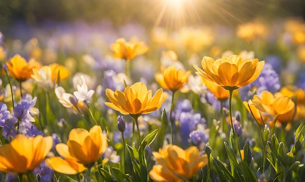 Campo di primavera soleggiato Fiori vivaci sotto il sole