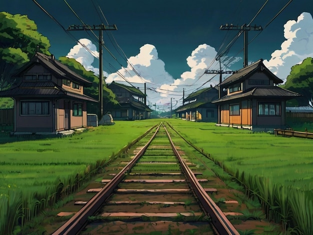 Campo di riso con case in mezzo con binari di treno dipinti in stile Studio Ghibli fatti da AI