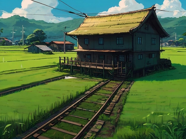 Campo di riso con case in mezzo con binari di treno dipinti in stile Studio Ghibli fatti da AI