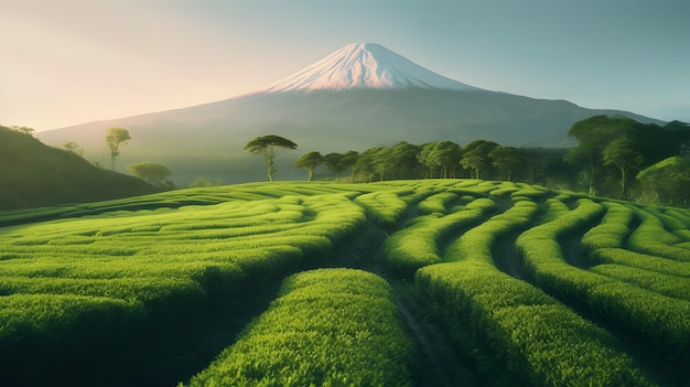 Campo di riso verde con montagna innevata