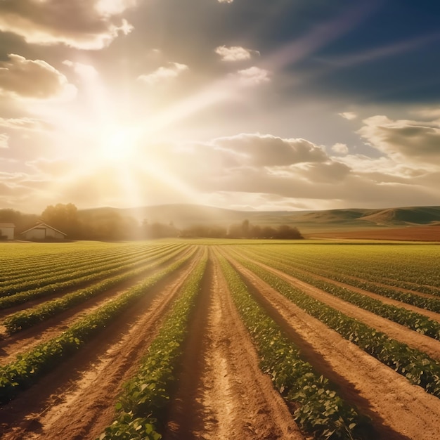 Campo di riso verde e cielo blu con luce solare Sfondo della natura