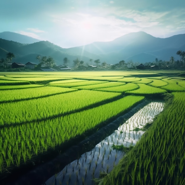 Campo di riso verde e cielo blu con luce solare Sfondo della natura