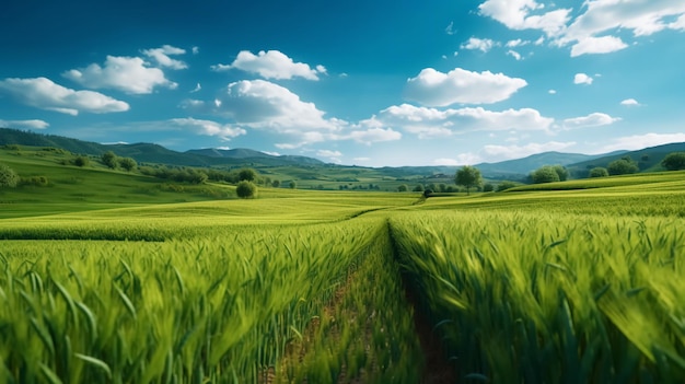 Campo di riso verde e cielo blu con luce solare Sfondo della natura