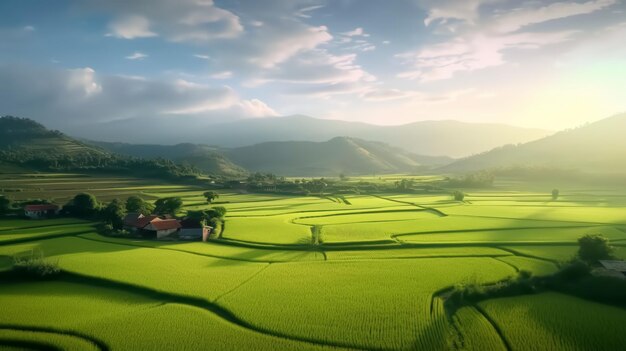 Campo di riso verde e cielo blu con luce solare Sfondo della natura