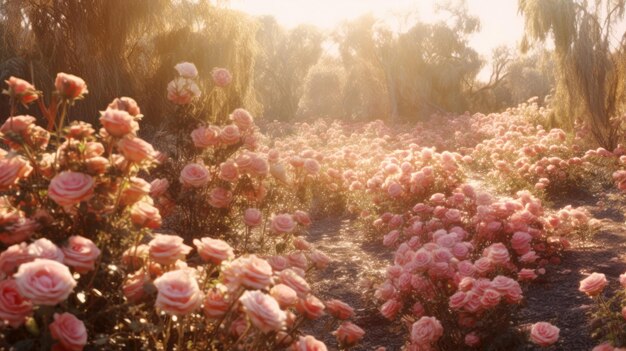 Campo di rose rosa nella luce del tramonto nello stile dei raggi del sole che brillano su un campo di rose IA generativa