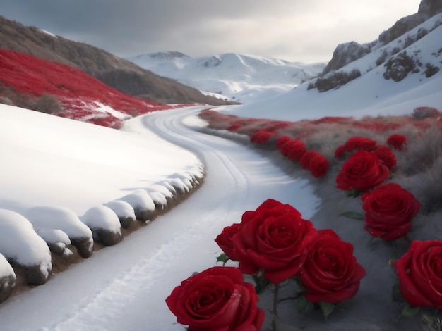 campo di rose rosse coperto di neve