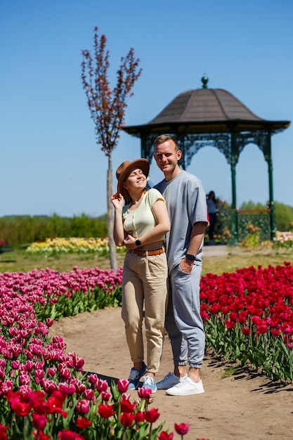 Campo di tulipani nei Paesi Bassi colorati campi di tulipani in Flevoland Noordoostpolder Olanda viste primaverili olandesi nei Paesi Bassi giovane uomo e donna di mezza età nel campo dei fiori