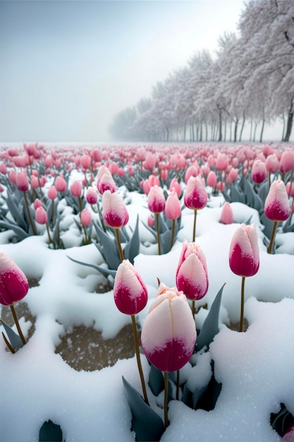 Campo di tulipani rosa coperto di neve ai generativa
