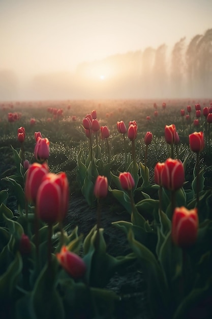Campo di tulipani rossi nella luce dell'alba del mattino
