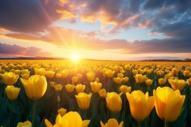 Campo di tulipani sullo sfondo del tramonto