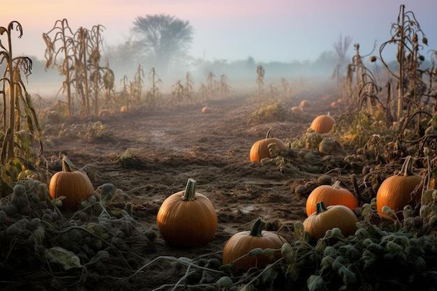 Campo di zucche nell'alba nebbiosa con la rugiada sulle zucche