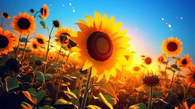 Campo disegnato di girasoli nella luce dell'ora d'oro generata dall'intelligenza artificiale