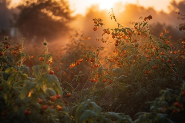 Campo dorato colmo di pomodori maturi Farfalle e api completano la scena IA generativa