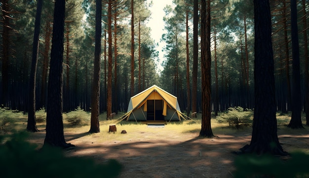 Campo estivo nella pinetavista delle tende da campeggio tra i pini generativa ai