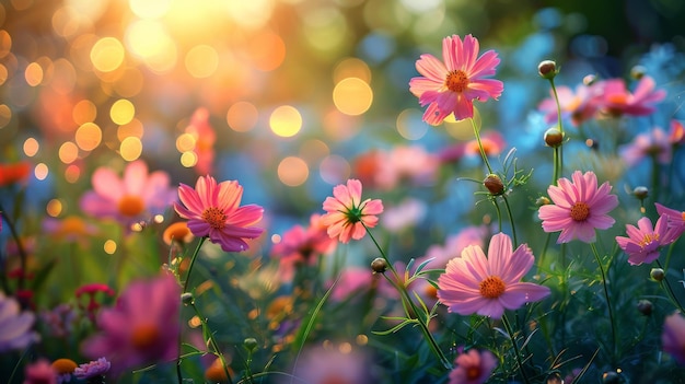 Campo fiorito di fiori rosa e bianchi