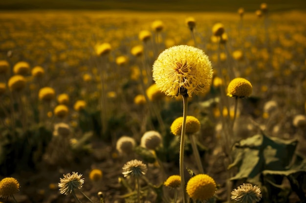 Campo giallo denso di dente di leone con semi in natura generativa ai