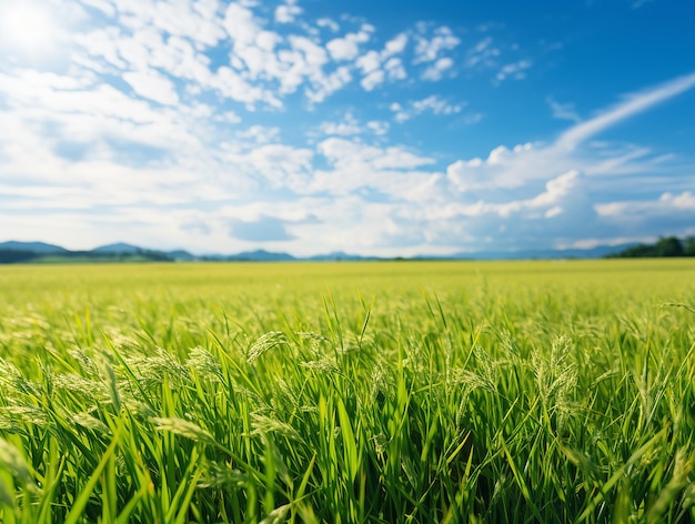 Campo giallo verde della risaia matura sotto il cielo azzurro e le nuvole bianche