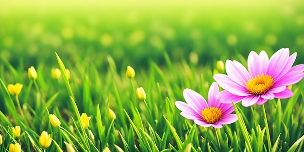 Campo in fiore paesaggio primaverile con erba verde e due grandi fiori rosa Illustrazione della natura
