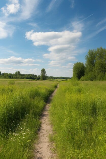 Campo marrone vegetazione verde e cielo blu in una campagna estiva creata con l'IA generativa