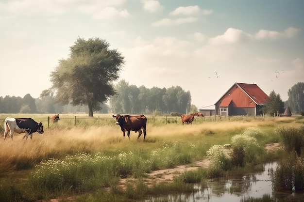 Campo pastorale con mucche che pascolano e un fienile rosso AI