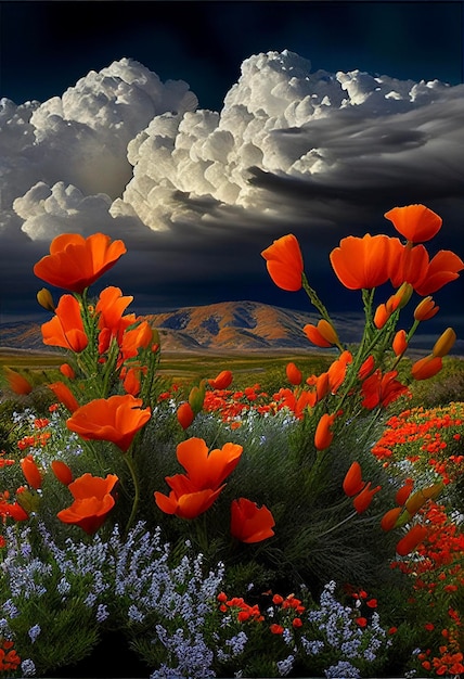 Campo pieno di fiori d'arancio sotto un cielo nuvoloso ai generativo