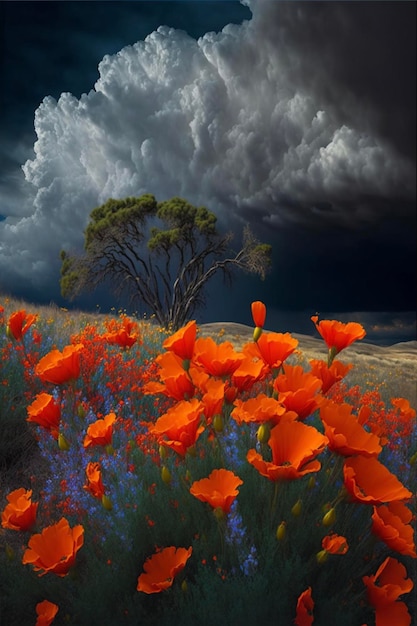 Campo pieno di fiori d'arancio sotto un cielo nuvoloso ai generativo