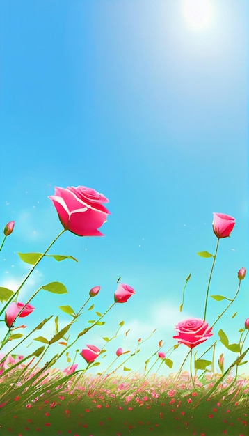 Campo pieno di fiori rosa sotto un cielo blu ai generativo