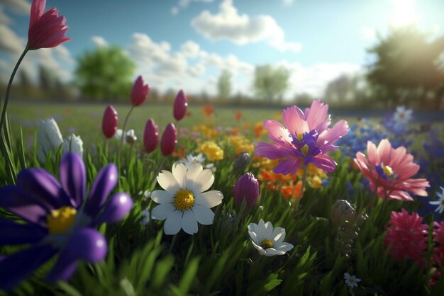 Campo primaverile pieno di bei fiori in una giornata di sole con il cielo blu sullo sfondo