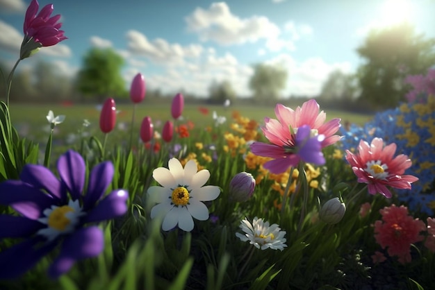 Campo primaverile pieno di bei fiori in una giornata di sole con il cielo blu sullo sfondo