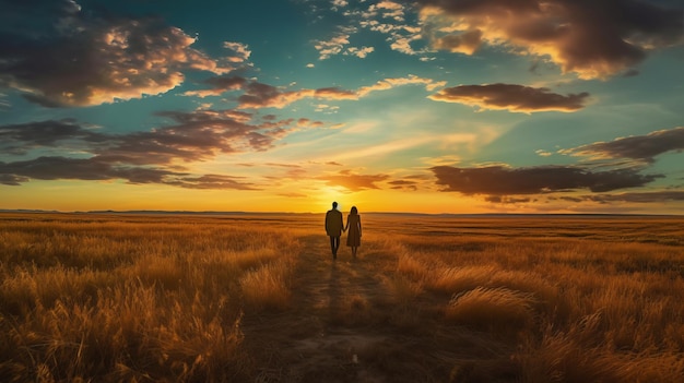 Campo romantico tramonto con coppia a piedi