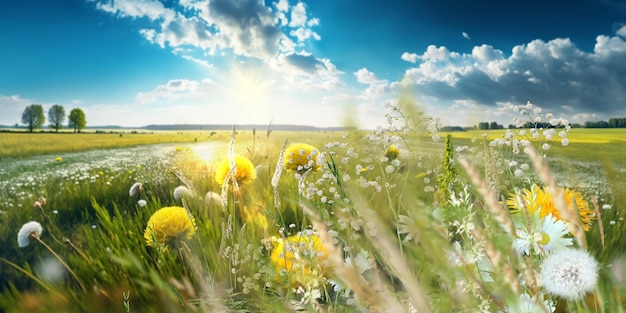 campo selvaggio fiori ed erba verde luce del sole prato estate primavera natura