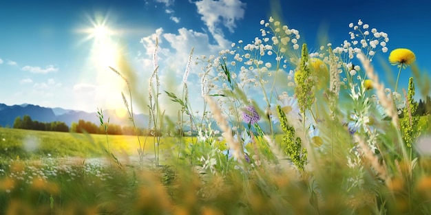 campo selvaggio fiori ed erba verde luce del sole prato estate primavera natura