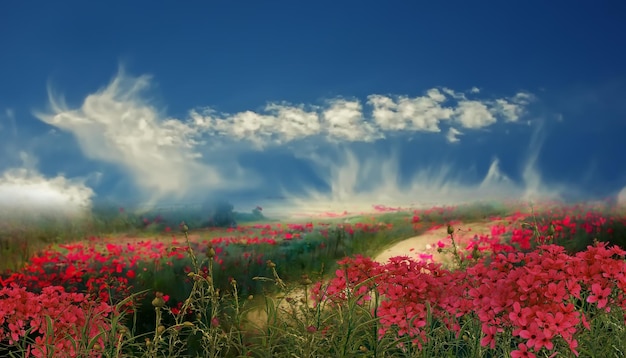 Campo selvaggio fiori rossi ed erba cielo azzurro e nuvole bianche natura paesaggio impressionismo