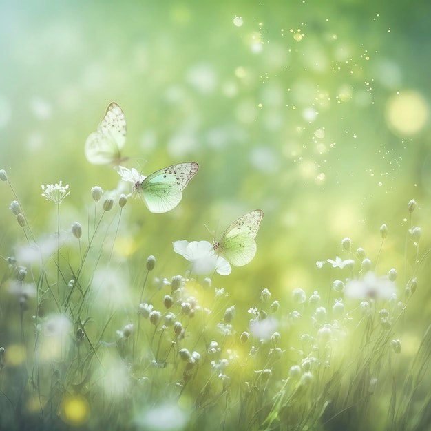 Campo soleggiato di fiori selvatici e farfalle