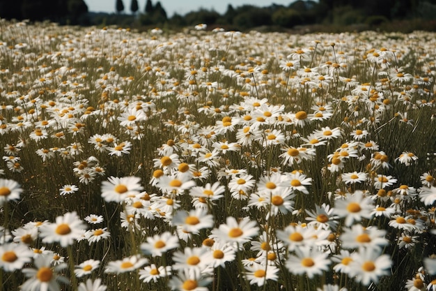 Campo tranquillo pieno di margherite bianche e gialle in una giornata di sole IA generativa