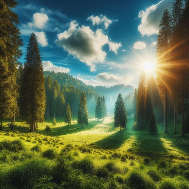 Campo verde con alberi e nuvole nel cielo