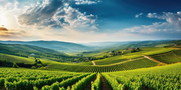 Campo verde con filari di vite per la raccolta Uva matura per la produzione di vini pregiati IA generativa