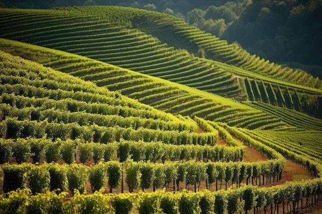 Campo verde con filari di vite per la raccolta Uva matura per la produzione di vini pregiati IA generativa