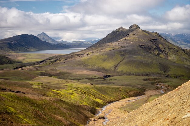 Campo verde con muschio e picco di montagna sul sentiero escursionistico Laugavegur, Islanda