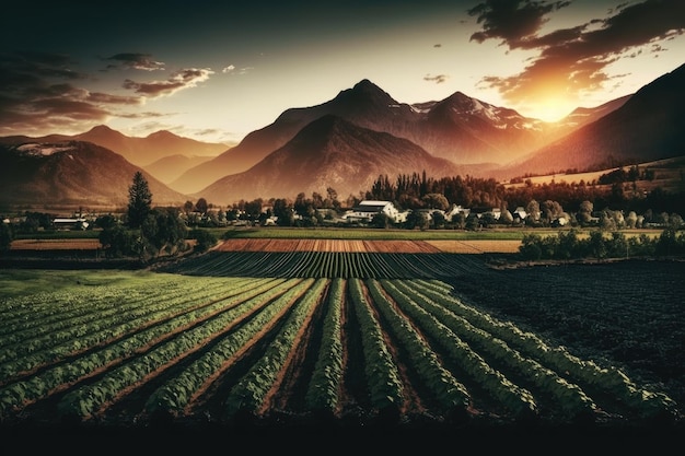 Campo verde con orti sullo sfondo di montagne e sole al tramonto creato con generi