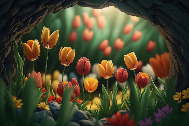 Campo verde con tulipani in fiore Illustrazione AI Generative