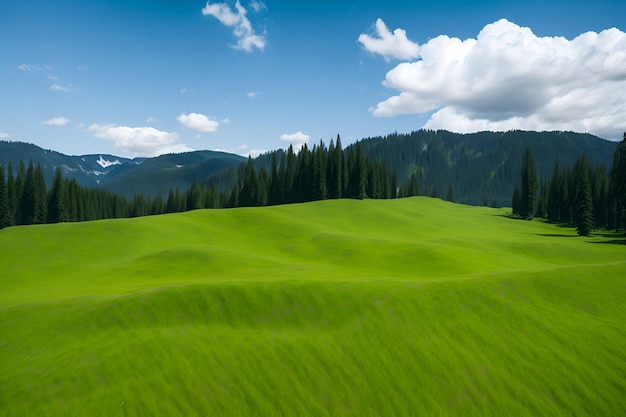 Campo verde davanti a una montagna