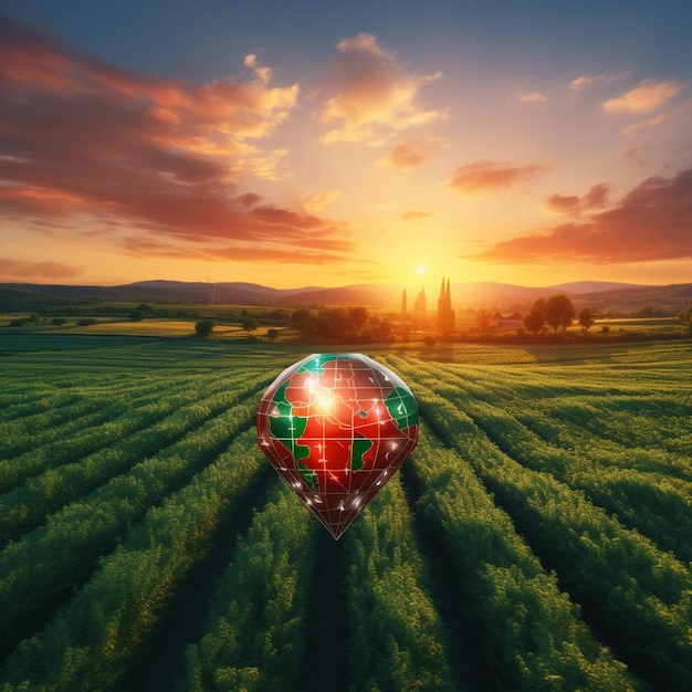 campo verde e tramonto con destinazione grande spillo rosso posizione concetto di obiettivo sogno fine picnic